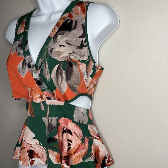 MARISSA WEBB Top Womens 0 Cutout Floral Peplum Green Orange Open Back - Picture 5 of 13